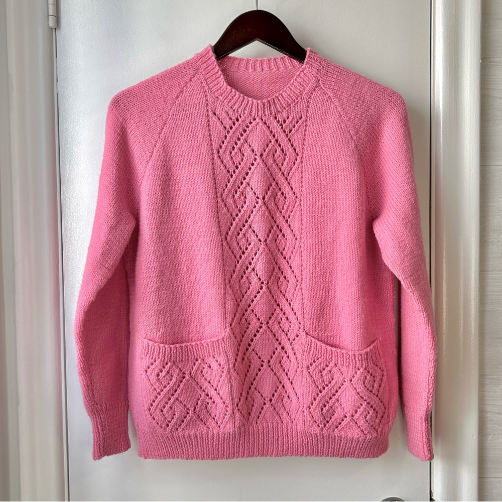 Handknit Thick Boxy Sweater w/Crochet Pink